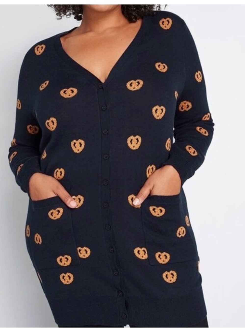 Modcloth long lined cardigan pretzel novelty print fall academia